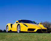 FRR 04 RK0284 01
2003 Ferrari Enzo Yellow Low 3/4 Front View On Grass Hill Blue Sky