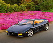 FRR 08 RK0072 14
1995 Ferrari F355 Spyder Blue 3/4 Front View On Pavement By Fuchsia Flowers