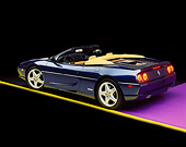 FRR 08 RK0084 04
1995 Ferrari F355 Spyder Blue 3/4 Rear View On Purple Floor Yellow Line Studio