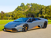 LAM 01 RK0753 01
2010 Lamborghini Murcielago LP650 Roadster Gray And Orange 3/4 Front View On Pavement By Golf Course