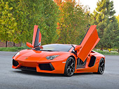LAM 01 RK0762 01
2012 Lamborghini Aventador Orange 3/4 Front View On Pavement By Trees