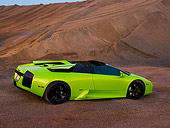LAM 01 RK0597 01
2006 Lamborghini Murcielago Roadster Lime Green 3/4 Rear View On Sand