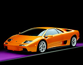 LAM 02 RK0143 03
2001 Lamborghini Diablo 6L Orange 3/4 Front View On Purple Floor Gray Line Studio