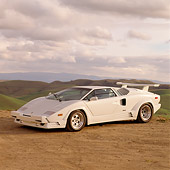 LAM 05 RK0005 07
Lamborghini Countach 25th Anniversary Edition White 3/4 Front View On Dirt By Mountains
