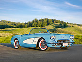VET 03 RK0738 01
1960 Chevrolet Corvette Light Blue With White Cove 3/4 Front View On Pavement By Grassy Hills
