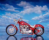 MOT 01 RK0482 02
2004 Richmond Custom Motorcycle Red Side View On Mylar Floor Clouds Background Studio