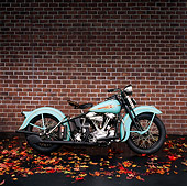 MOT 01 RK0076 07
1938 Blue Harley-Davidson. Profile View Autumn Leaves Brick Wall Studio