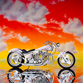 MOT 01 RK0079 02
White/silver Custom Harley Davidson. profile in studio on glossy floor with orange sky and cloud background
