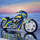 MOT 01 RK0118 01
Harely-Davidson California Screamer Yellow And Blue 3/4 Front View Water Sunset Background