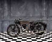 MOT 01 RK0328 08
1928 Sunbeam Model 90 Black Side View On Checkered Floor Gray Marble Background
