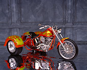 MOT 01 RK0434 08
Harley Davidson Trike Orange With Green Flames Side 3/4 View On Mylar Floor Gray Marble