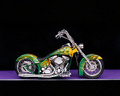 MOT 01 RK0446 09
2004 Coastside Custom Softail Green Yellow Flames Profile View Studio