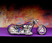 MOT 01 RK0502 03
2002 Riff Raff Custom Motorcycle Purple With Flames Profile View On Purple Floor Mottled Background