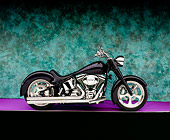 MOT 01 RK0603 03
2000 Harley Davidson, Fat Boy, Black With Flames Profile View On Purple Floor Green Background Studio