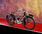 MOT 01 RK0606 05
1914 Premier, 250, Red And Black Motorcycle 3/4 Side View On Red Floor Mottled Background Studio