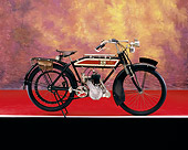 MOT 01 RK0607 03
1914 Premier, 250, Red And Black Motorcycle Profile Shot On Red Floor Mottled Background Studio