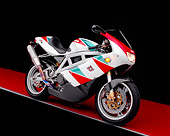 MOT 02 RK0161 06
1999 Bimota DB4 Red Green And White 3/4 Side View On Red Floor Gray Line Studio