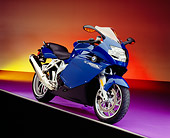 MOT 02 RK0263 03
2005 BMW K1200S Blue 3/4 Front View On Purple Floor Colorful Background Studio