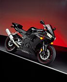 MOT 02 RK0275 03
2005 Yamaha YZF-R6 Black Slanted 3/4 Side View On Gray Line Red Shading Background Studio