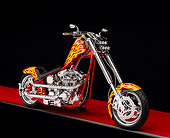 MOT 04 RK0004 22
2004 California Chopper Custom Red Yellow Flames Side 3/4 View On Red Floor Gray Line Studio