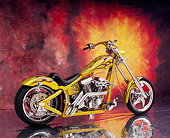 MOT 04 RK0043 03
2002 Swift Barchopper CSF Yellow Purple Flames 3/4 Rear View On Mylar Floor Sunburst Background