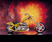 MOT 04 RK0044 02
2002 Swift Barchopper CSF Yellow Purple Flames Side View On Mylar Floor Sunburst Background