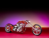 MOT 04 RK0114 05
2005 Westbury Chopper Custom Candy Rust 3/4 Side View On Red Floor Purple Lighting Studio