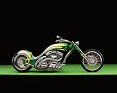 MOT 04 RK0169 06
2006 Redneck Engineering Low Curves Chopper Silver And Green Profile View On Green Floor Studio