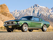 MST 01 BK0001 01
1968 Ford Mustang GT 428 Cobra Jet Highland Green 3/4 Front View On Road By Snowy Mountains