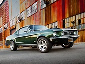 MST 01 BK0006 01
1968 Ford Mustang GT 428 Cobra Jet Highland Green 3/4 Front View On Pavement By Old Factory Building