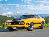 MST 01 BK0015 01
1973 Ford Mustang Mach 1 Grabber Yellow 3/4 Front View On Pavement By Mountains