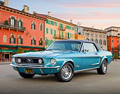 MST 01 BK0022 01
1968 Ford Mustang Light Blue 3/4 Front View On Pavement By Colorful Buildings