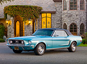 MST 01 BK0027 01
1968 Ford Mustang Light Blue 3/4 Front View On Pavement By Stone House
