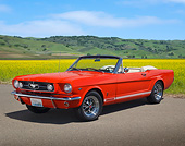 MST 01 BK0053 01
1965 Ford Mustang Convertible Poppy Red 3/4 Front View On Pavement By Field Of Wildflowers