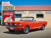 MST 01 BK0054 01
1965 Ford Mustang Convertible Poppy Red 3/4 Front View On Pavement By Grocery Store