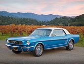 MST 01 BK0063 01
1966 Ford Mustang Blue With White Top 3/4 Front View On Pavement By Vineyard At Dusk