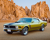 MST 01 BK0086 01
1970 Ford Mustang Boss 302 Lime Green Metallic 3/4 Front View On Pavement By Red Rock