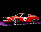 MST 01 RK0606 02
1970 Mustang Boss 302 Race Car Orange Black Stripes Side 3/4 View On Purple Floor Checkered Line Studio