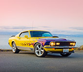 MST 01 RK1171 01
1971 Ford Mustang Mach 1 Yellow With Flames 3/4 Front View On Pavement By Ocean