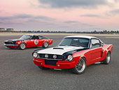 MST 01 RK1302 01
1969 Ford Mustange Boss 302 Trans Am Race Car And 1965 Ford Mustang Restored Model Red, White And Black 3/4 Front View On Pavement