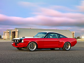 MST 01 RK1308 01
1965 Ford Mustang Restored Model Red, White And Black 3/4 Side View On Pavement By Hangars At Dusk