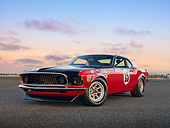 MST 01 RK1320 01
1969 Ford Mustange Boss 302 Trans Am Race Car Red, White And Black 3/4 Front View On Pavement