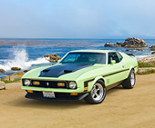 MST 01 RK1340 01
1971 Ford Mustang Mach 1 Grabber Lime 3/4 Front View On Sand By Ocean