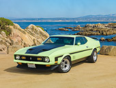MST 01 RK1341 01
1971 Ford Mustang Mach 1 Grabber Lime 3/4 Front View On Sand By Ocean