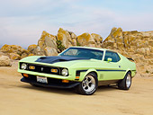 MST 01 RK1343 01
1971 Ford Mustang Mach 1 Grabber Lime 3/4 Front View On Sand By Ocean