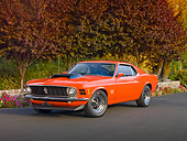 MST 01 RK1348 01
1970 Ford Mustang Boss 429 Calypso Coral 3/4 Front View On Pavement By Trees