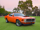 MST 01 RK1355 01
1970 Ford Mustang Boss 429 Calypso Coral 3/4 Front View On Grass By Trees