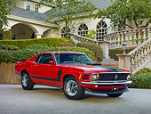 MST 01 RK1359 01
1970 Ford Mustang Boss 302 Red With Black Stripe 3/4 Front View On Pavement By House