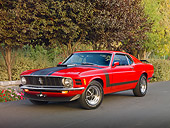 MST 01 RK1360 01
1970 Ford Mustang Boss 302 Red With Black Stripe 3/4 Front View On Pavement By Trees