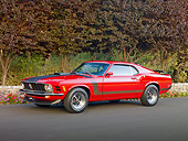 MST 01 RK1361 01
1970 Ford Mustang Boss 302 Red With Black Stripe 3/4 Side View On Pavement By Trees